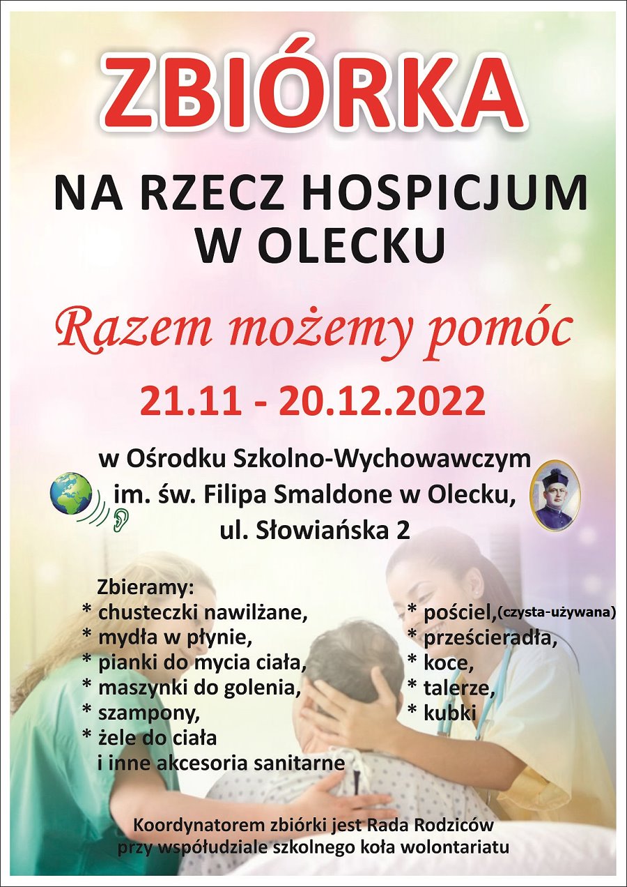 Plakat z napisem Zbiórka na rzecz hospicjum w Olecku