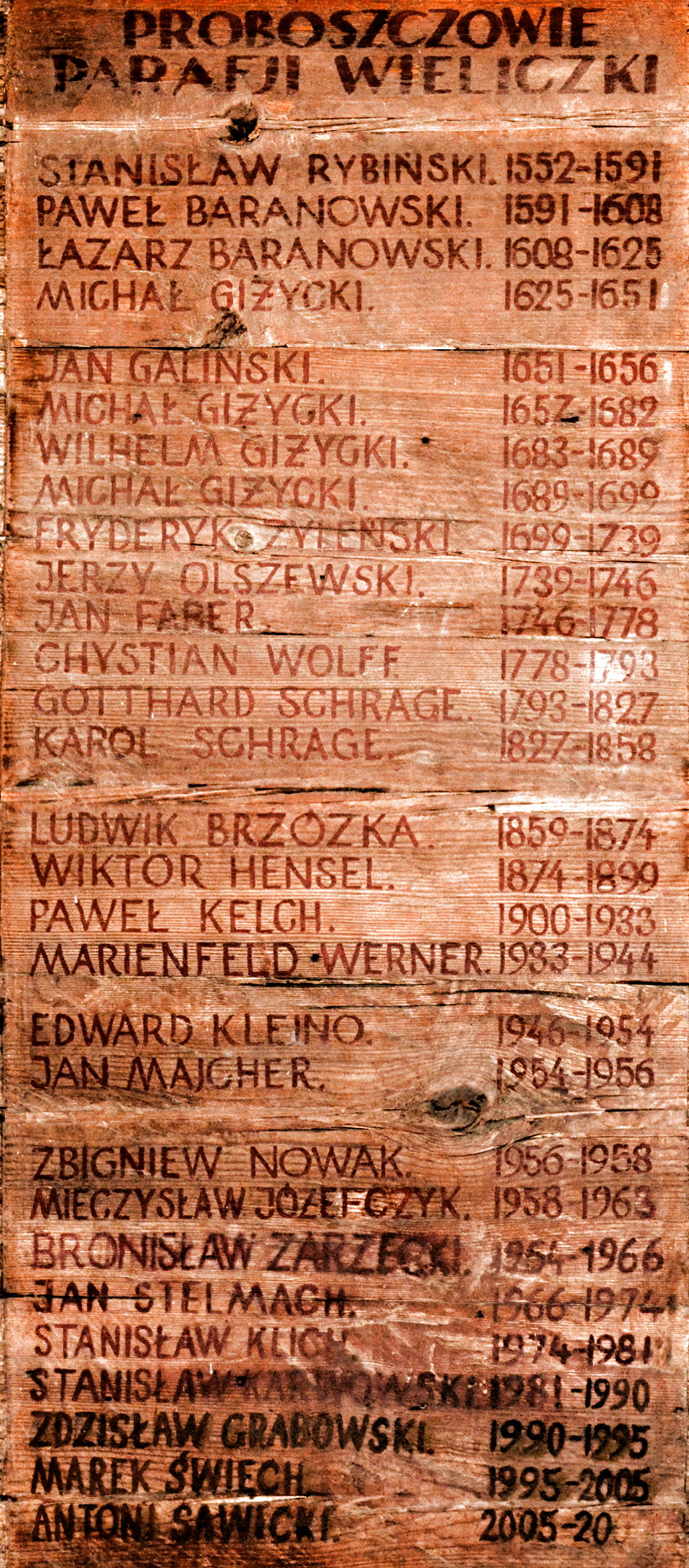 Drewniana tablica z nazwiskami.