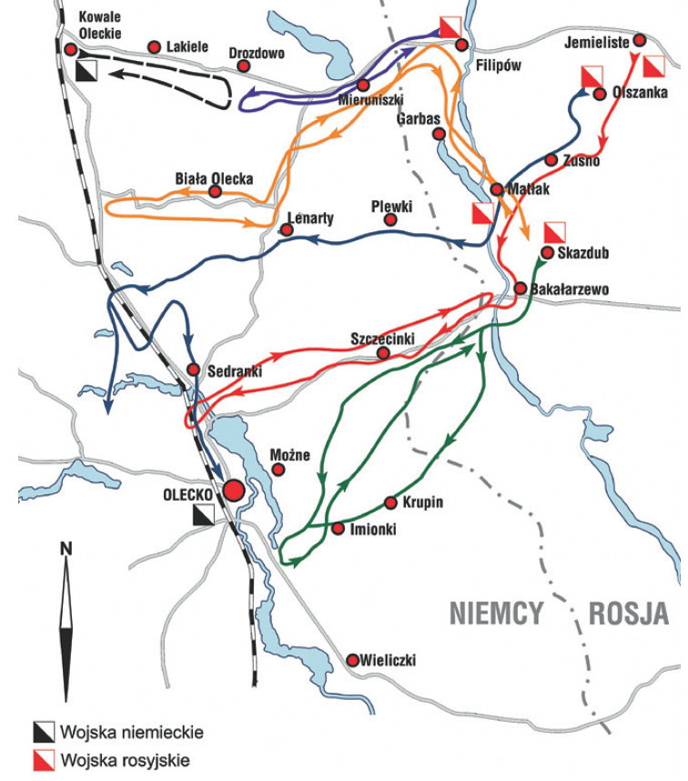 Mapa z siecią dróg, jeziorami i lasami.