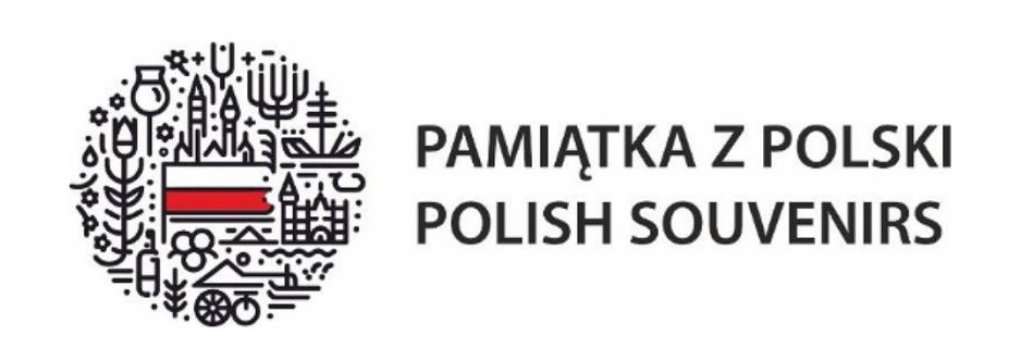 Logo, tj. grafika z flagą Polski i napisem po polsku i angielsku. Pamiątka z Polski. Polish Souvenirs.