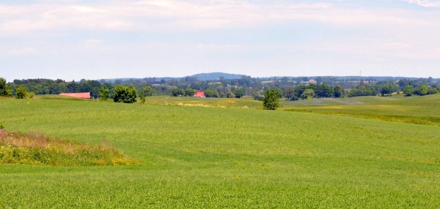 Rozległy widok na pola. W środku gospodarstwo.