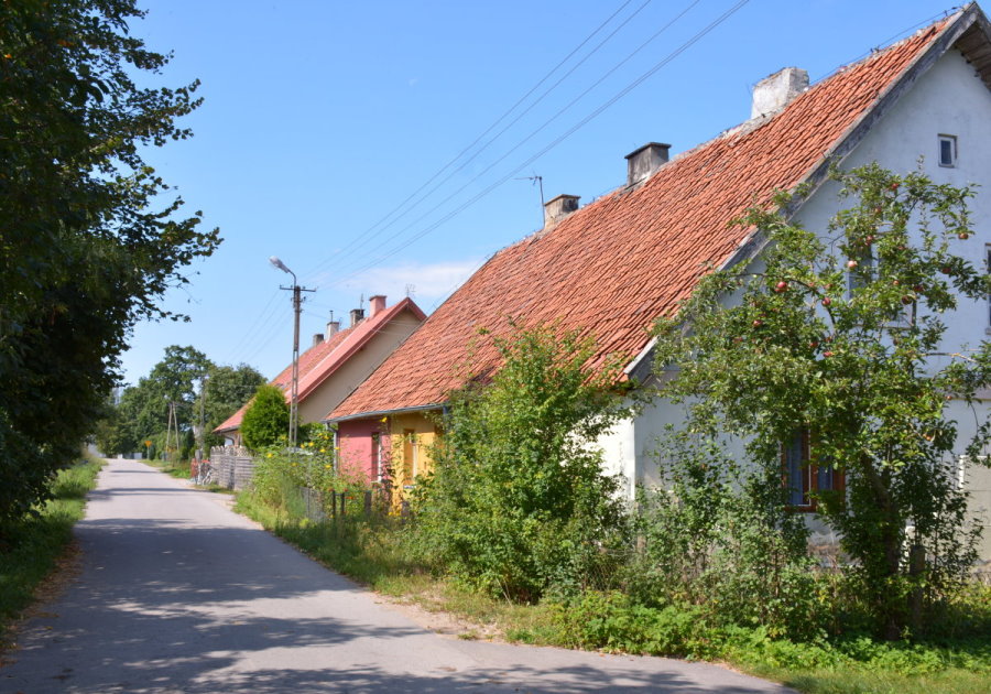 Grupa budynków przy drodze.