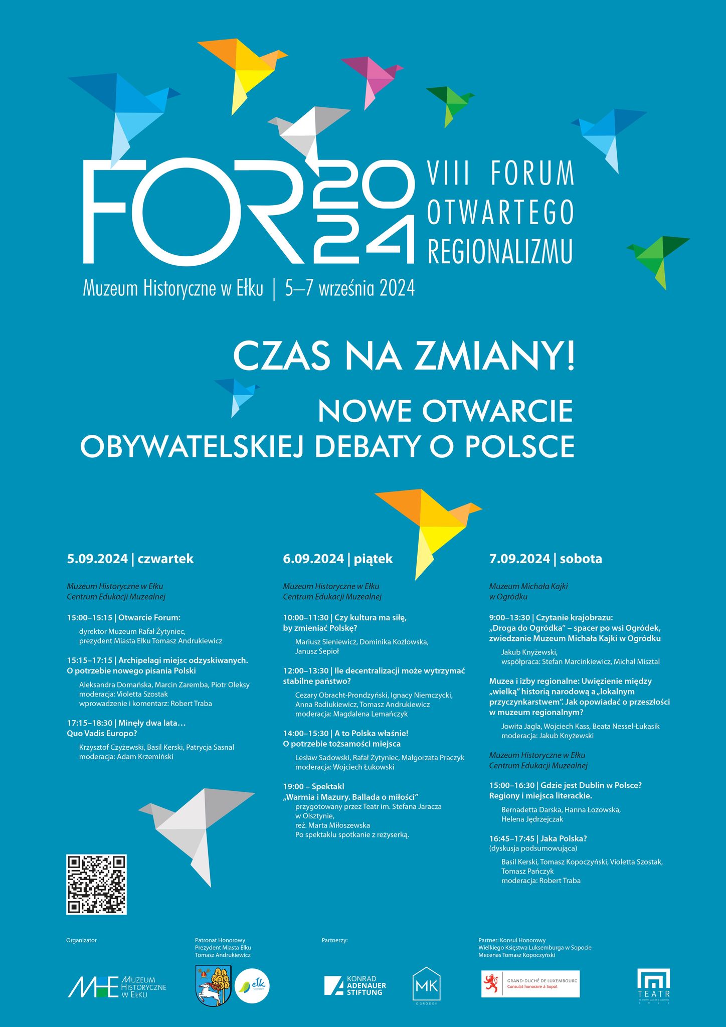 Plakat spotkania z napisem VIII FORUM OTWARTEGO REGIONALIZMU i programem.