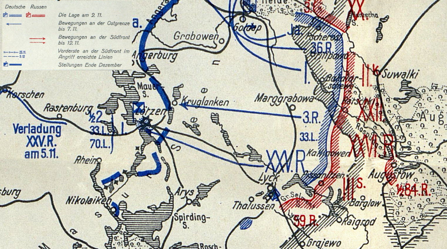 Mapa z siecią dróg, jeziorami i lasami. Na dole legenda.