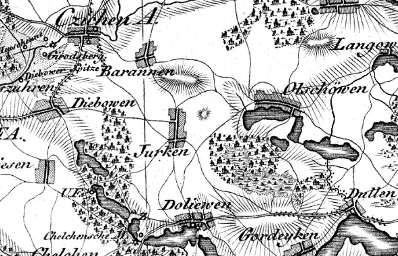 Mapa z siecią dróg, miejscowościami i rzekami.