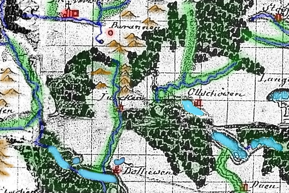 Mapa z siecią dróg, miejscowościami i rzekami.