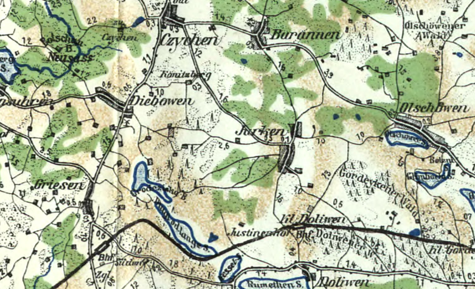 Mapa z siecią dróg, miejscowościami i rzekami.