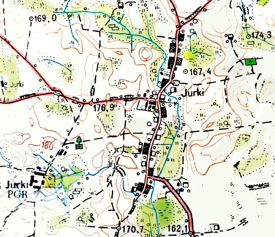 Mapa z siecią dróg, miejscowościami i rzekami.