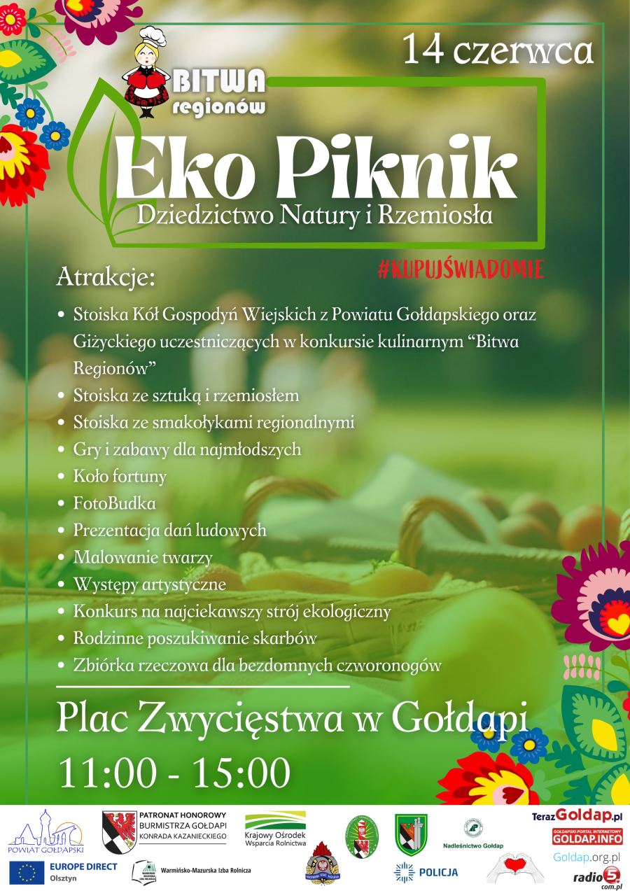 Grafika promująca wydarzenie „Eko Piknik – Dziedzictwo Natury i Rzemiosła”, które odbędzie się 14 czerwca. W lewym górnym rogu logo „Bitwa Regionów” z postacią kobiety w stroju ludowym.