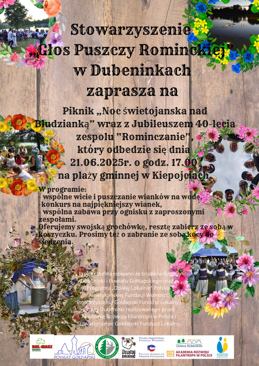 Plakat zapraszający na piknik „Noc świętojańska” i jubileusz zespołu „Rominczanie” w Kiepojciach, 21.06.2025 o 17:00. Zdobiony kwiatami i zdjęciami z poprzednich wydarzeń.