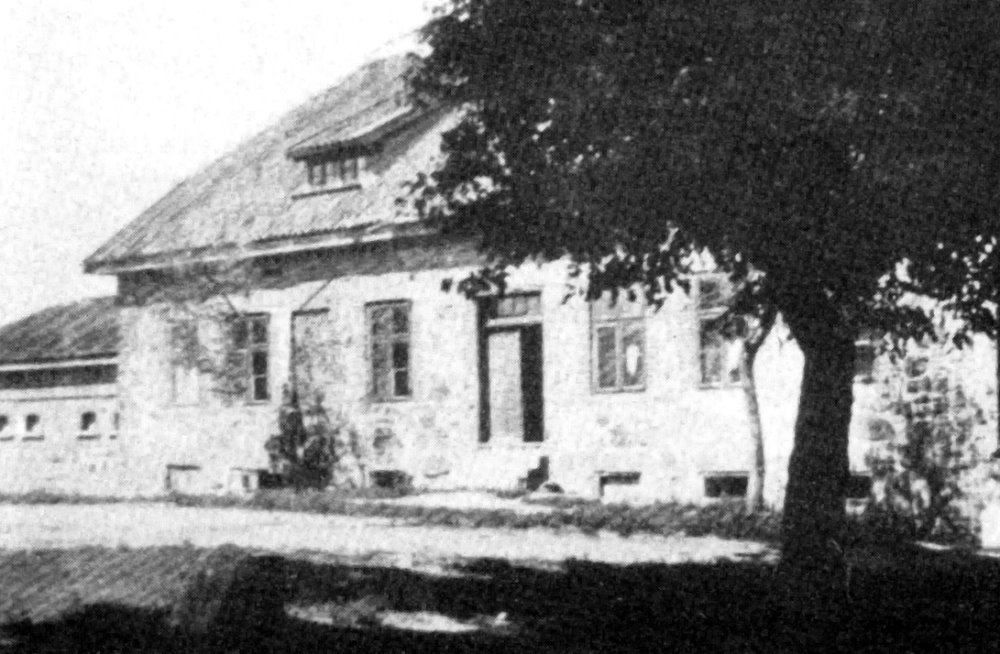 Fotografia domu z drzwiami i oknami częściowo zasłoniętego drzewami.