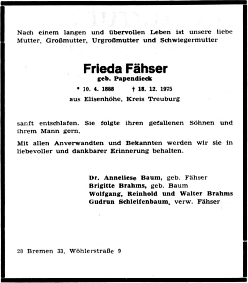 Nekrolog Fridy Fahser w języku niemieckim.