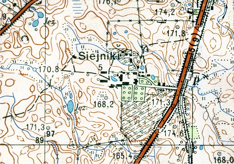 Mapa pokazująca miejscowość Siejnik i okolice, wykonana w stylu z lat 50. XX wieku.