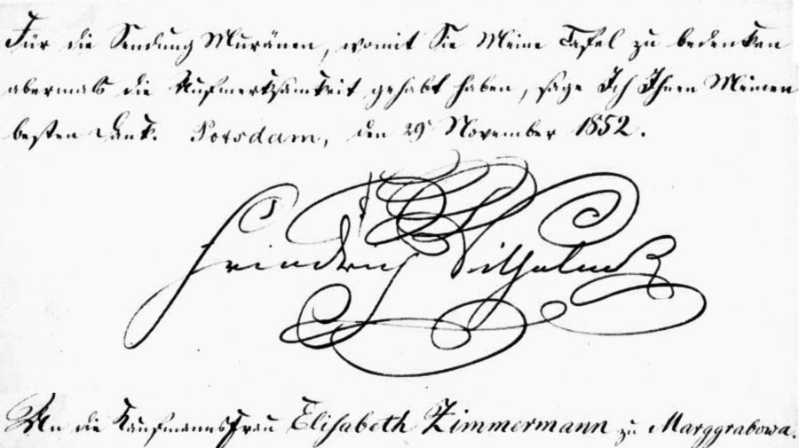 Ręcznie pisany list po niemiecku z 1845 roku, podpisany przez Fryderyka Wilhelma, skierowany do pani Zimmermann w Olecku.