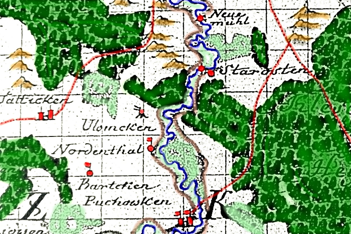 Kolorowa, stara mapa przedstawiająca rzekę, zielone lasy i oznaczone czerwonymi kropkami miejscowości, m.in. Nordenthal.