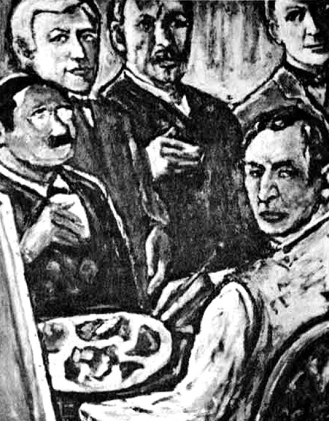 Czarno-biały obraz przedstawia pięciu mężczyzn w garniturach, z których jeden siedzi i trzyma paletę malarską. Wszyscy patrzą w stronę widza, a scena ma charakter poważny i artystyczny.