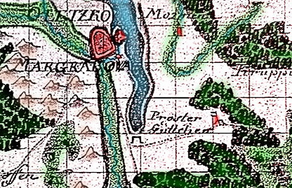 Fragment starej niemieckiej mapy ukazującej okolice Marggrabowa,  jezioro, drogi i wzniesienie Galgenberg.