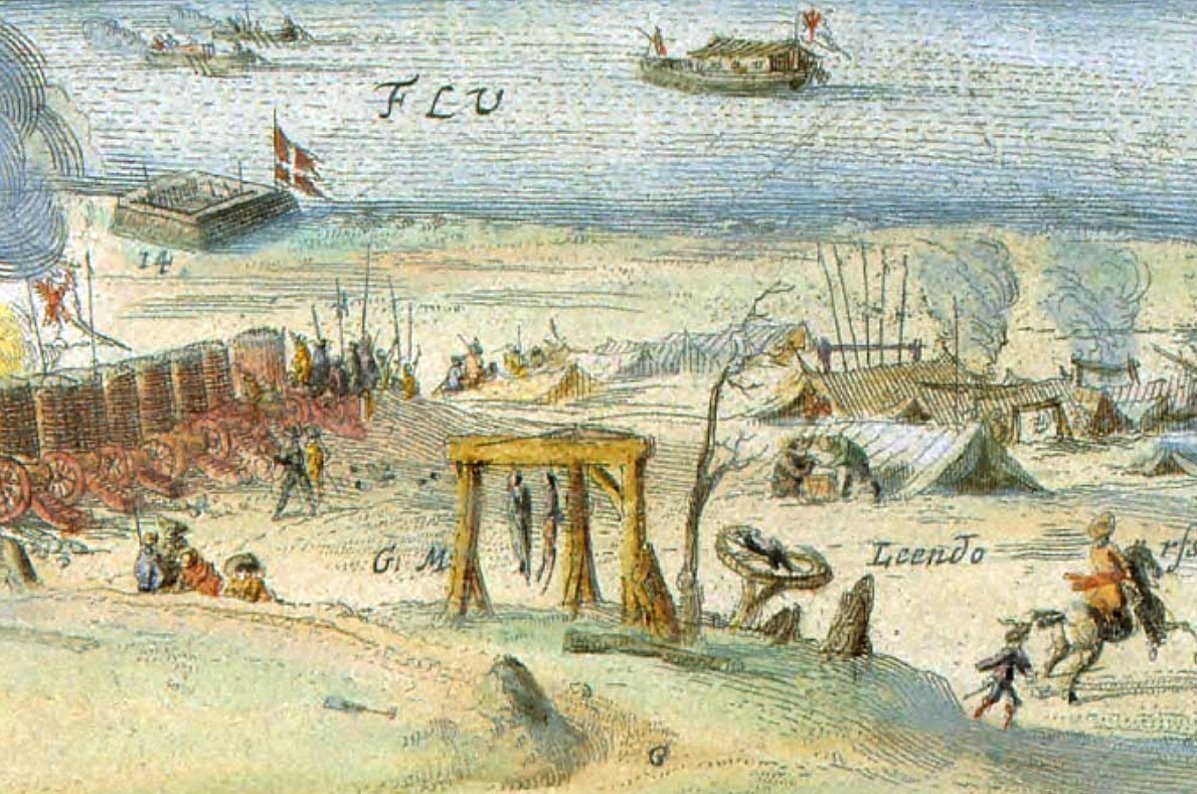 Rycina z 1677 r. przedstawiająca scenę egzekucji i krajobraz miasta Szczecin (Stettin).