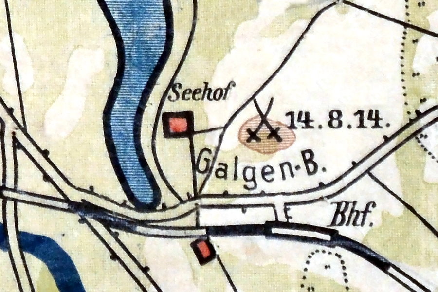 fragment starej mapy z 1914 r. z zaznaczeniem wzgórza Galgenberg i okolic