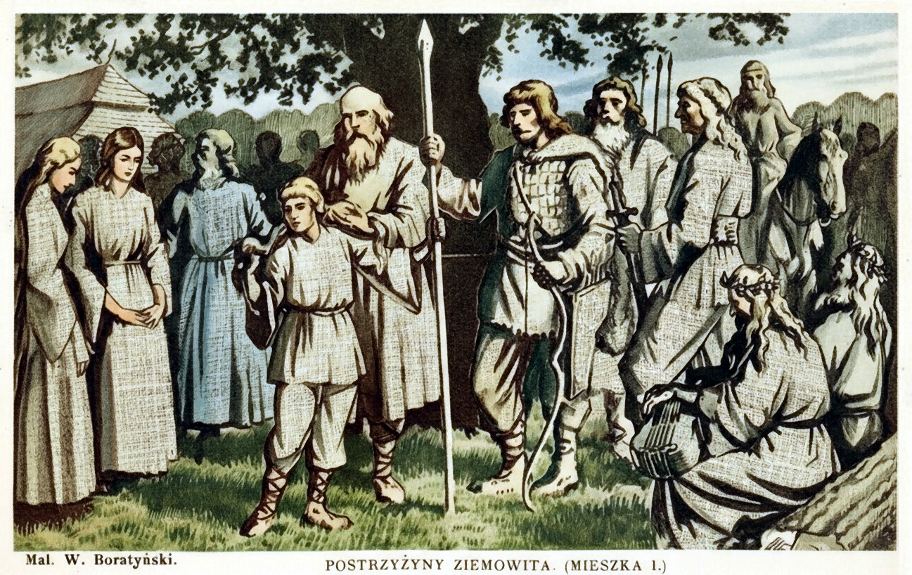 Ilustracja przedstawiająca grupę dawnych Słowian w tradycyjnych strojach. W centrum stoi chłopiec z łukiem i mężczyzna z włócznią, obok starsi i kobiety, a z boku siedzi muzyk z lirą.