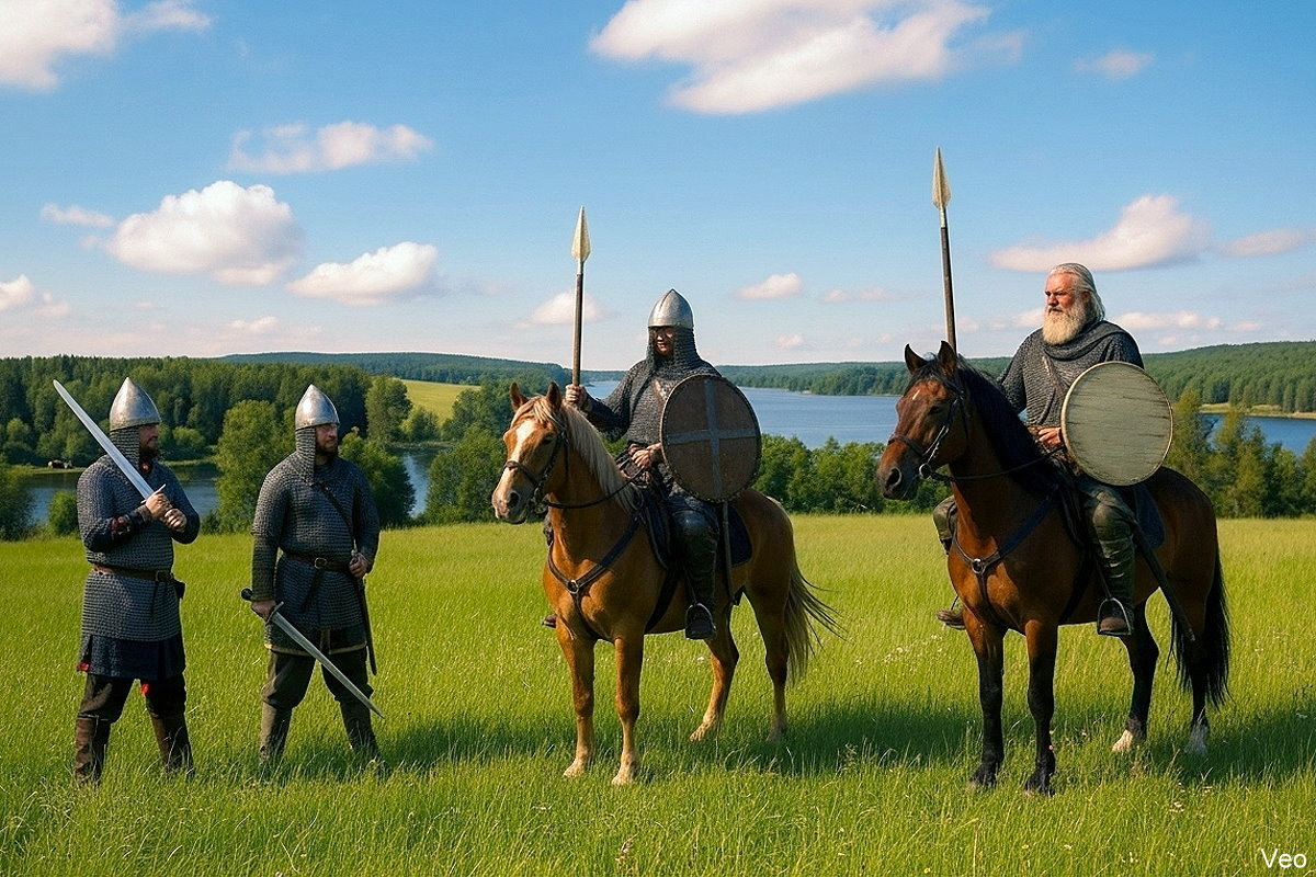 Dwóch wojowników w zbrojach stoi na łące z widokiem na jezioro i las. Jeden trzyma włócznię i okrągłą tarczę, drugi ma miecz i tarczę z białymi wzorami. Obaj mają hełmy i kolczugi.