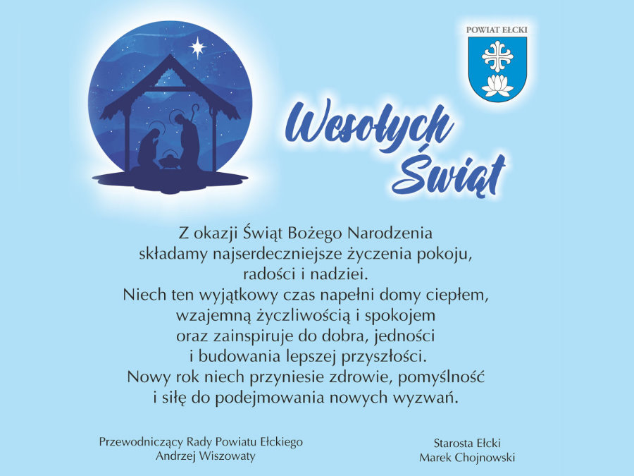 Kartka świąteczna z napisem &raquo;Wesołych Świąt&laquo;, logo instytucji oraz życzeniami bożonarodzeniowymi na jasnoniebieskim tle.