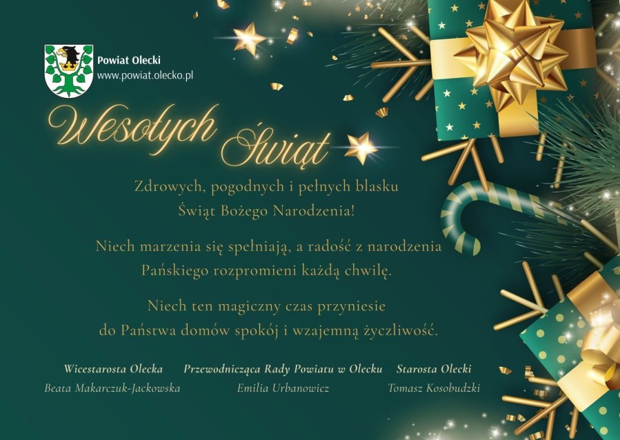 Zielona kartka świąteczna z napisem &raquo;Wesołych Świąt&laquo;, złotymi gwiazdkami i ozdobami oraz życzeniami bożonarodzeniowymi.