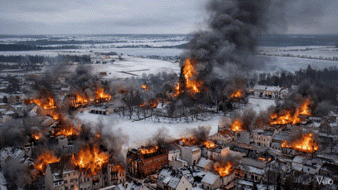 Płonące miasto Olecko zimą 1945 roku, widok z g&oacute;ry na zniszczenia wojenne.