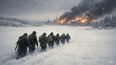 Grupa ludzi idących przez zaśnieżone tereny Prus Wschodnich, w tle płonące miasto i unoszący się dym.