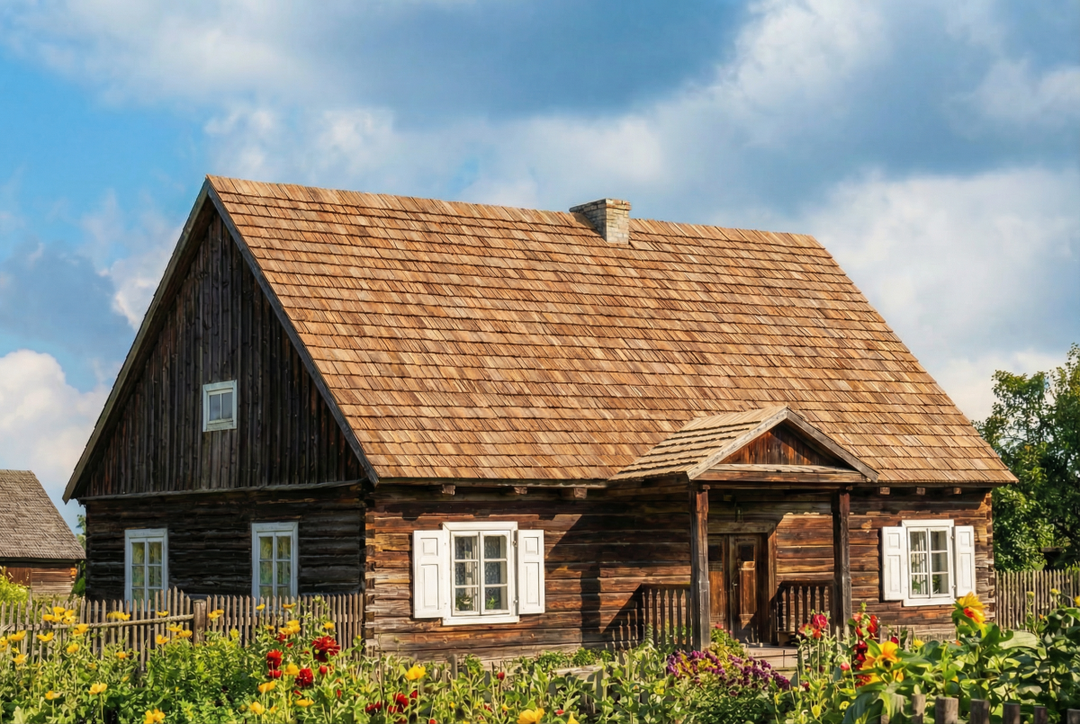 Zrekonstruowany drewniany dom wiejski z czerwonym dachem, otoczony zielenią, przedstawiający tradycyjną zabudowę regionalną.