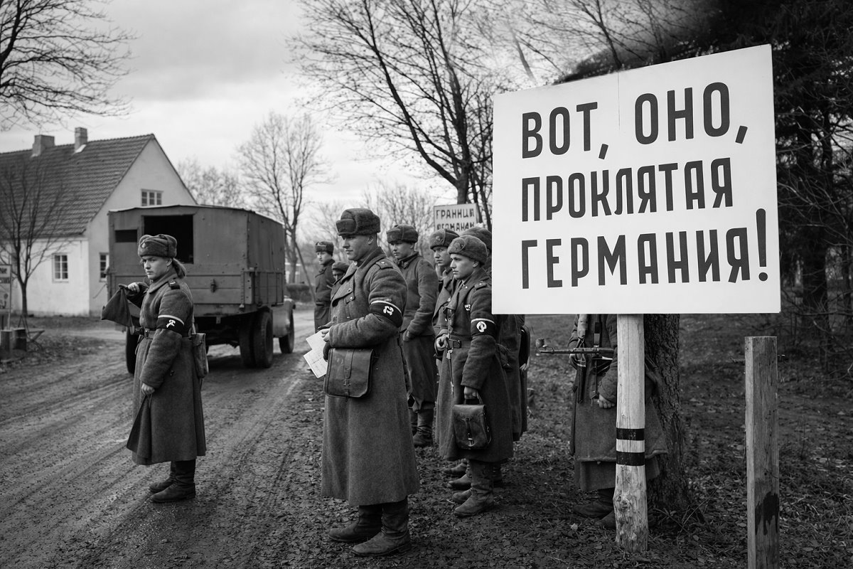 Czarno-białe zdjęcie żołnierzy stojących przy drodze obok tablicy z napisem w języku rosyjskim: Oto ona, przeklęta Germania.