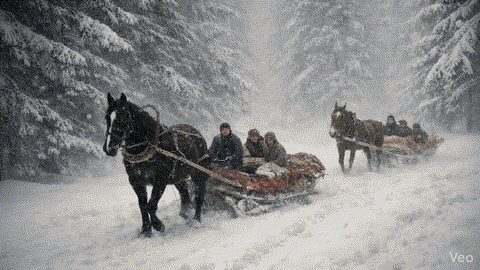 Zimowa scena z Prus Wschodnich – sanie zaprzężone w konie jadą przez zaśnieżony las, widoczni ludzie okryci przed mrozem.