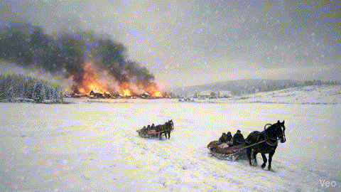 Zima w pruskiej wsi – płonące zabudowania na tle śnieżnego krajobrazu, sanie z końmi poruszające się po zamarzniętym terenie.