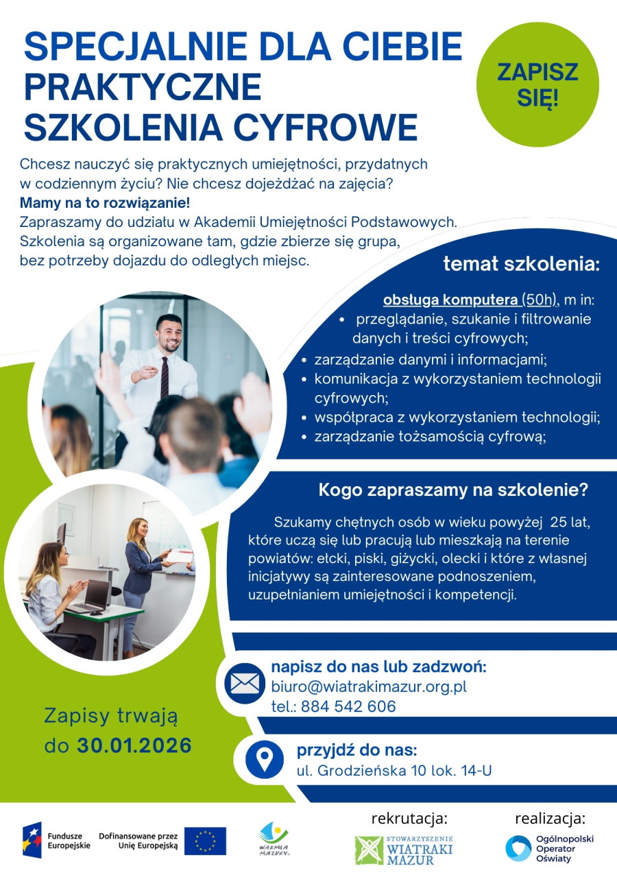 Plakat informacyjny o praktycznych szkoleniach cyfrowych: obsługa komputera 50h, dla os&oacute;b 25+, zapisy do 30.01.2026, kontakt mailowy i telefoniczny, lokalizacja w Ełku.
