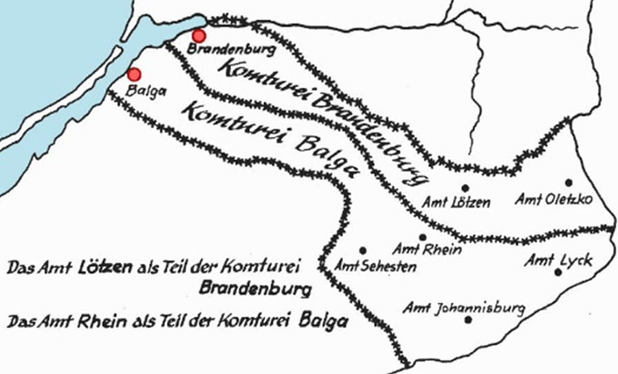 Schematyczna mapa przedstawiająca granice i podziały terytorialne, z zaznaczonymi miejscowościami i liniami granic.
