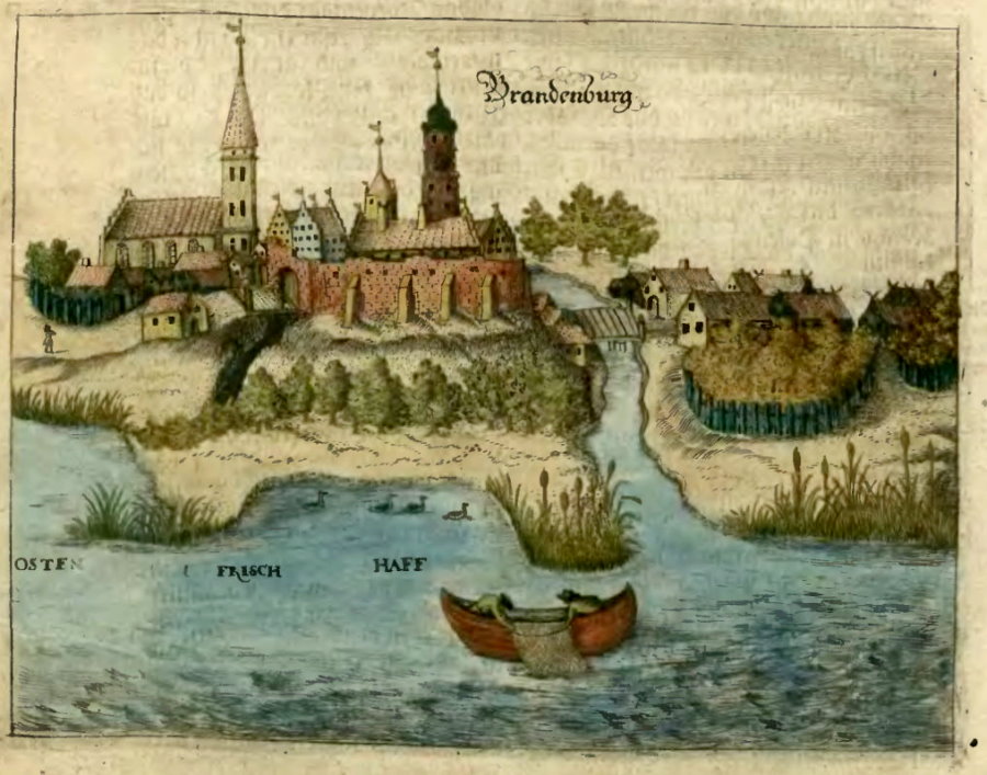 Ilustracja historycznego miasta z murami i kościołami nad rzeką, z łodziami na wodzie i zielonymi wzgórzami.