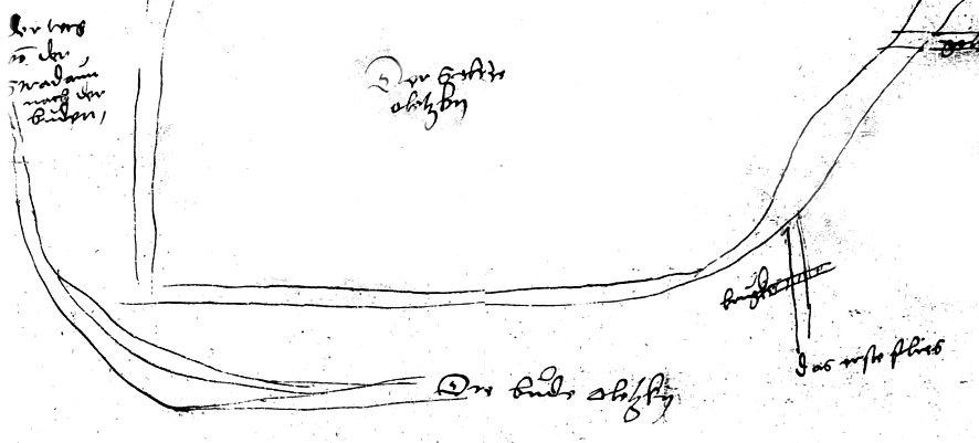 Ręczny szkic drogi z zaznaczonym przebiegiem trasy i opisami, wykonany cienką linią na jasnym tle.