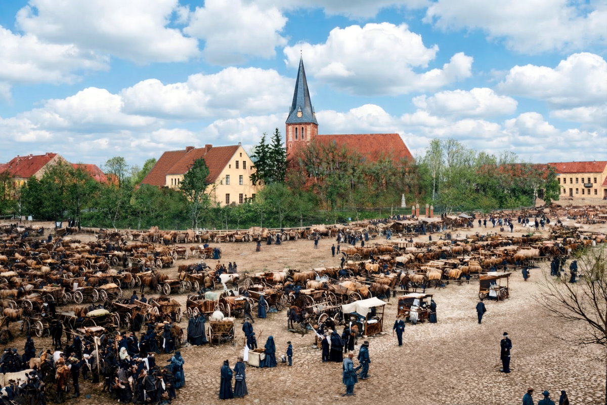 Historyczne zdjęcie rynku miejskiego z tłumem ludzi i straganami, w tle zabudowa z wieżą kościoła.