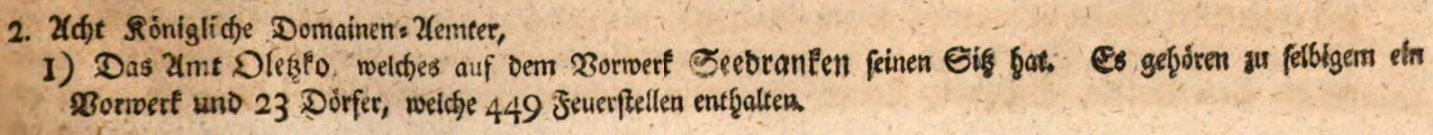 Fragment starego dokumentu lub publikacji z niemieckim tekstem opisującym urząd w Olecku-Sedrankach.