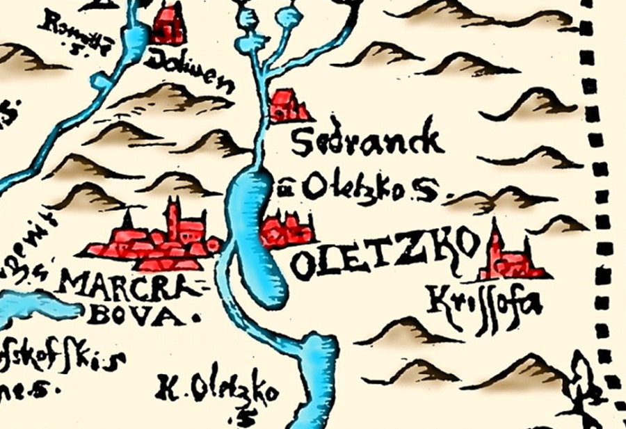 Fragment dawnej mapy z zaznaczonym Oletzkiem i okolicznymi miejscowościami oraz rzekami.