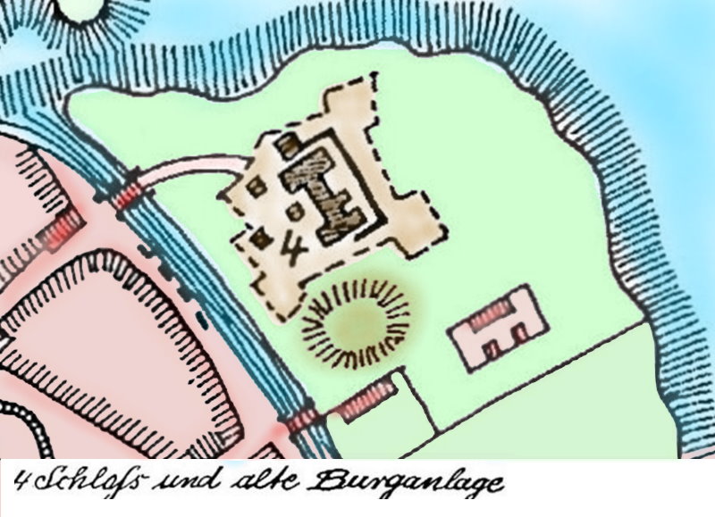 Plan zamku z zaznaczonym układem budynków i dziedzińca, przedstawiony na schematycznej mapie.