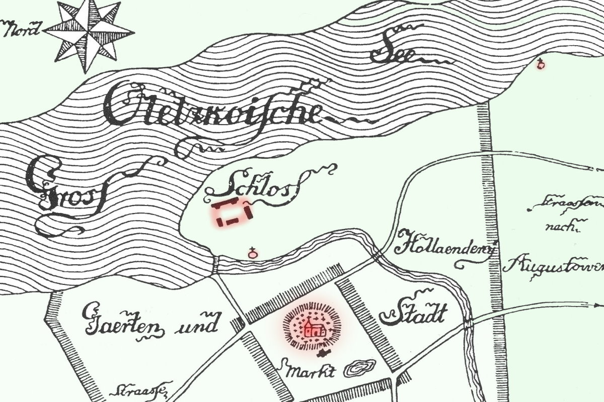 Stara mapa z oznaczeniem zamku i otaczających go terenów, dróg oraz zabudowań.