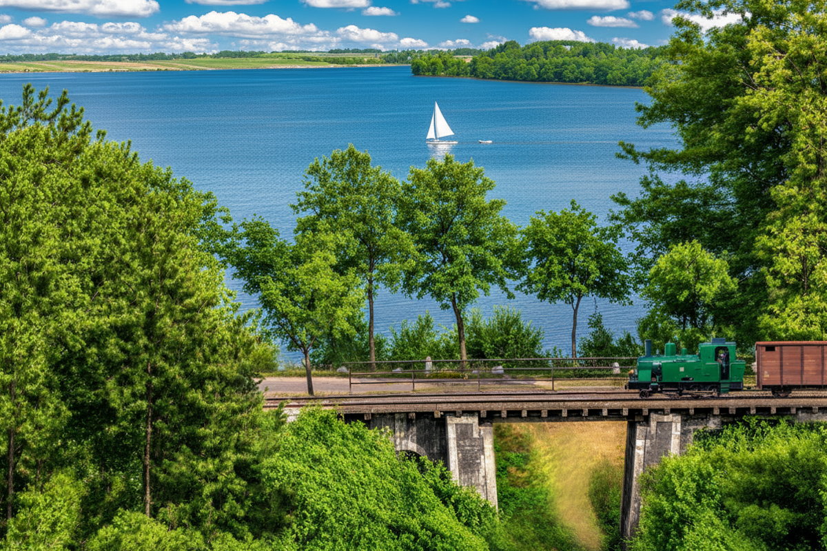 Widok jeziora z mostem i żaglówką na wodzie, otoczony zielonymi wzgórzami w słoneczny dzień.