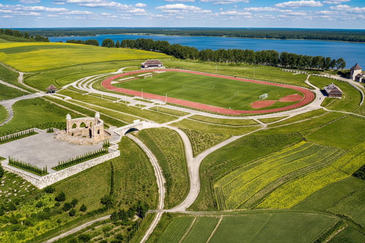 Widok z lotu ptaka na pomnik i ścieżki spacerowe wśród pól i zieleni, z jeziorem widocznym w tle.