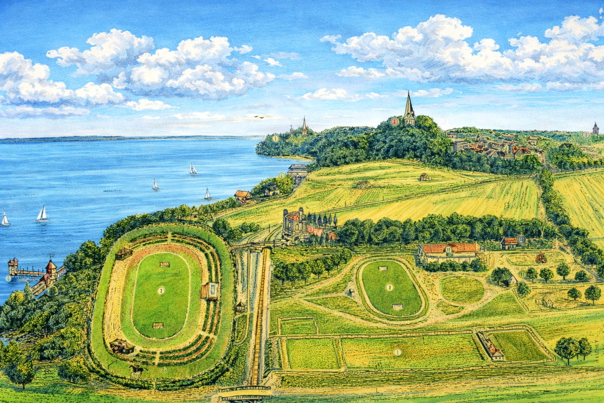 Panoramiczny widok zielonego półwyspu otoczonego wodą, z alejami spacerowymi i otwartą przestrzenią rekreacyjną.