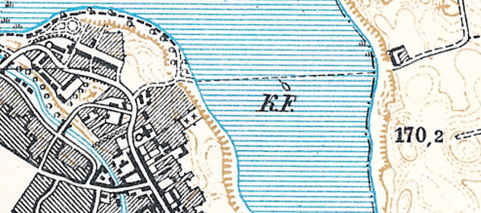 Fragment historycznej mapy z nazwą „Seehof” i zaznaczonymi wzniesieniami oraz układem terenu.