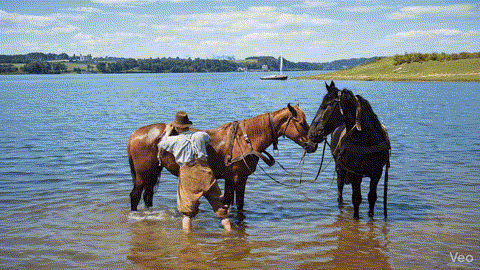 Dwie osoby stoją w płytkiej wodzie jeziora przy koniach, na tle spokojnej tafli wody i odległego brzegu.