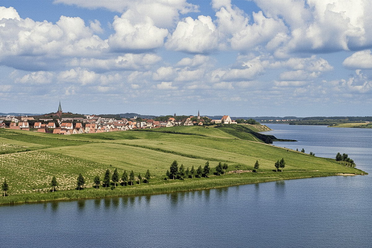 Widok na jezioro i zielony półwysep z zabudową w oddali, pod błękitnym niebem z rozproszonymi chmurami.