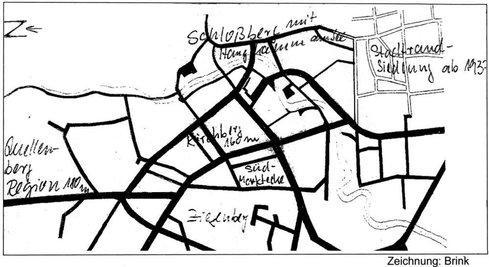 Schematyczna mapa z zaznaczonym układem dr&oacute;g i nazwami pag&oacute;rk&oacute;w lub obszar&oacute;w terenowych.