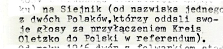 Fragment maszynopisu w języku polskim opisującego nazwę miejscowości i jej pochodzenie.